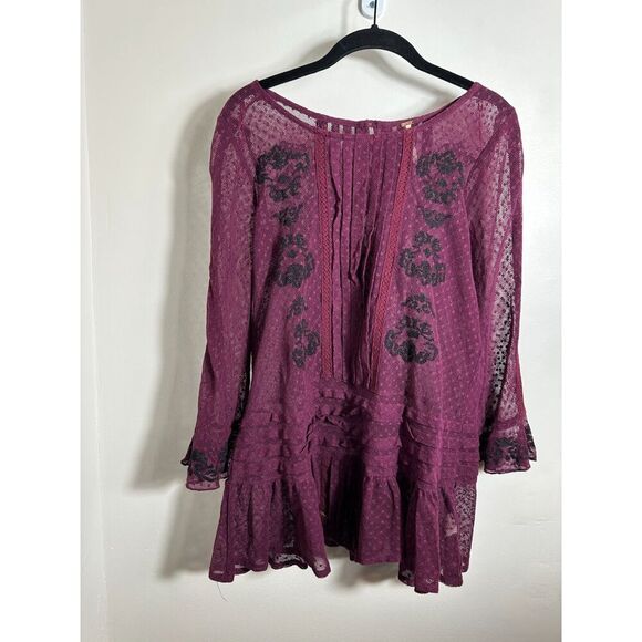 Free People Boho Sheer Plum Lace Mesh Swiss Dot Tunic Blouse Sz XS - Picture 1 of 4